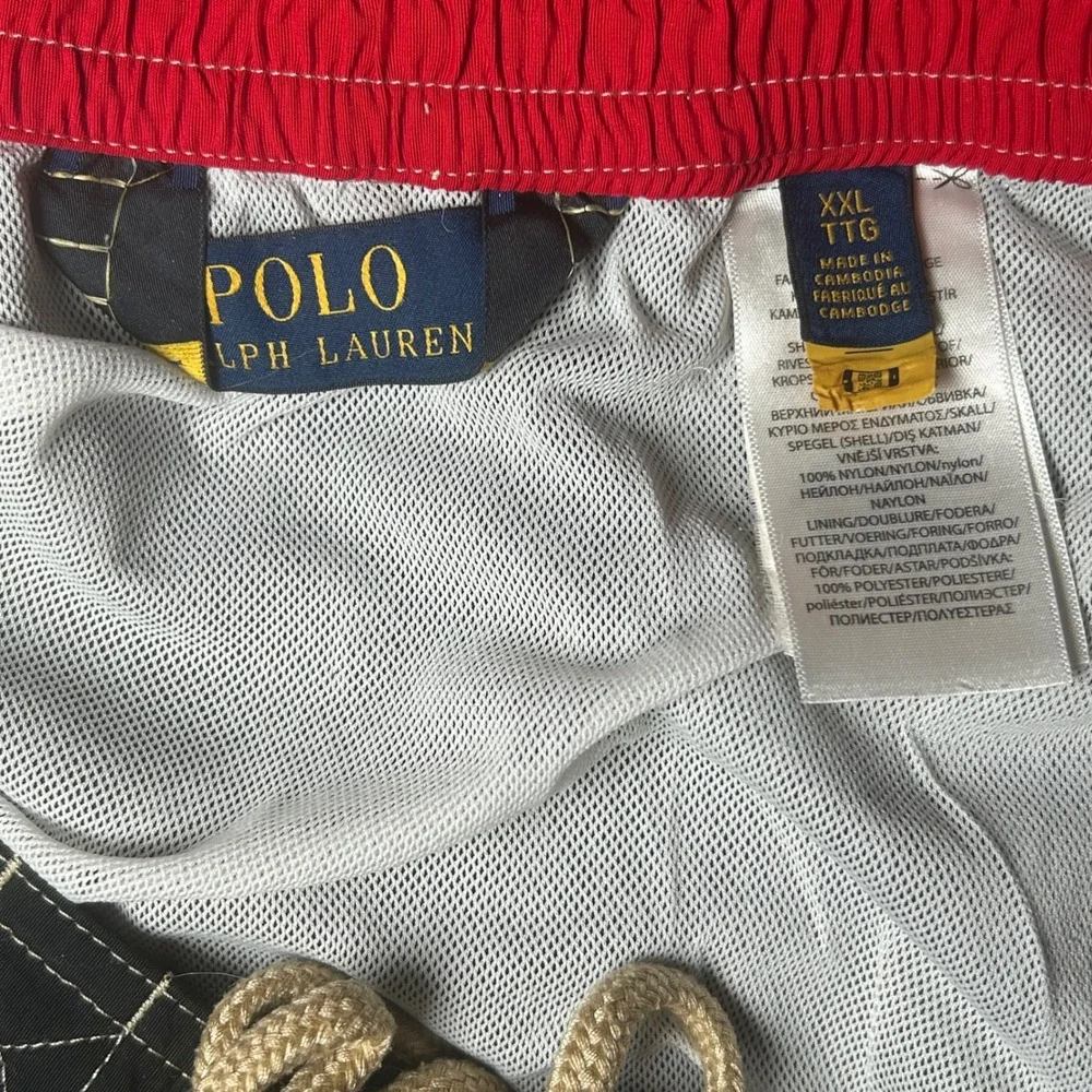 Polo Ralph Lauren Men 40 Black w Red Logo & Emblem Board Style Lined Swim Trunks